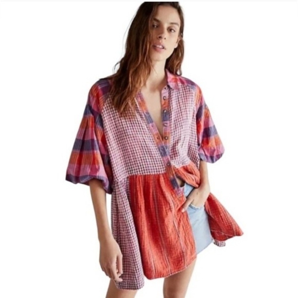 Free People We The Free Sunshine Bay Mixed Plaid Oversized Top Button Down XS